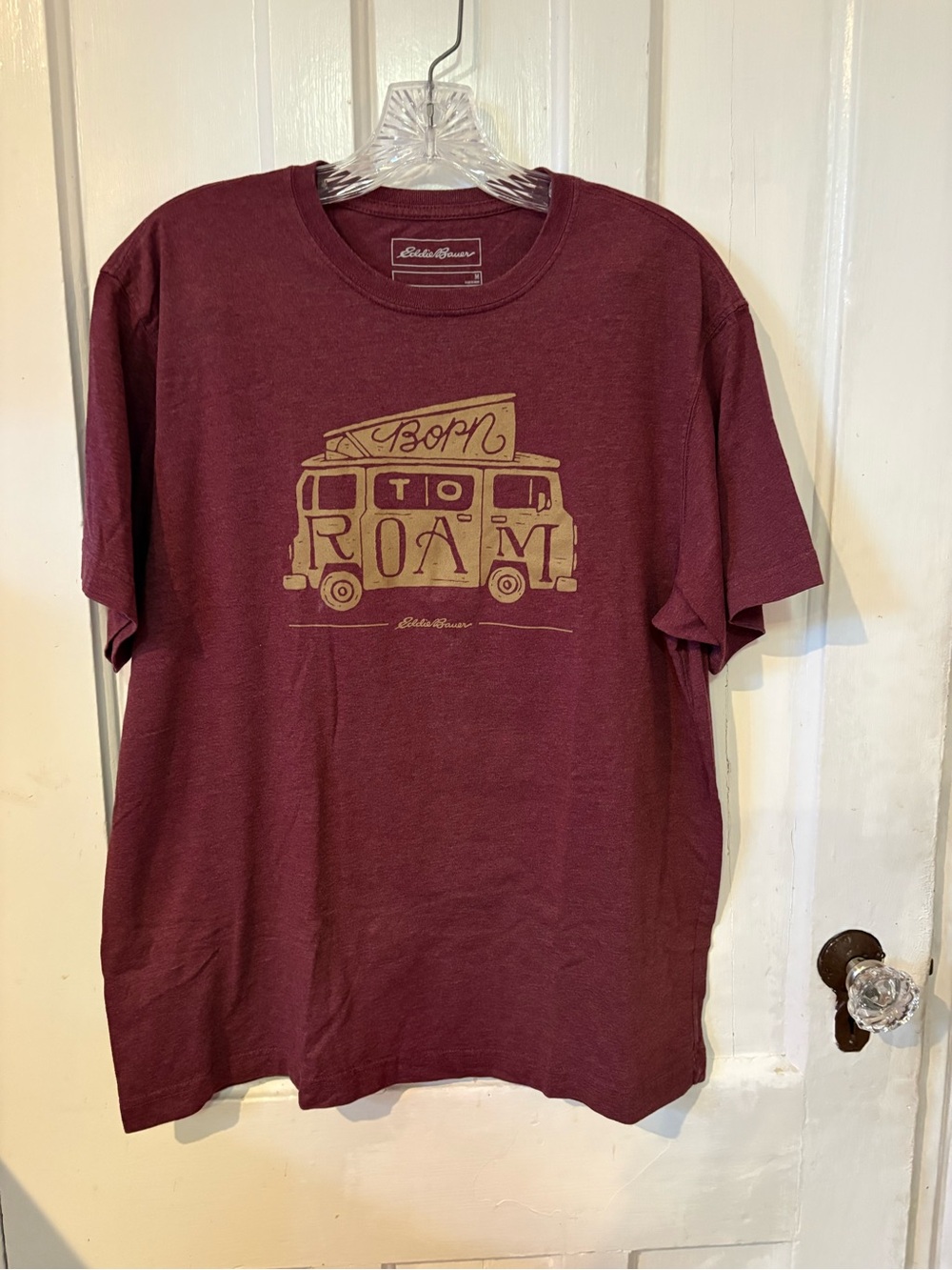 Eddie Bauer Men's Maroon Crew Tee with Tan Van Graphic